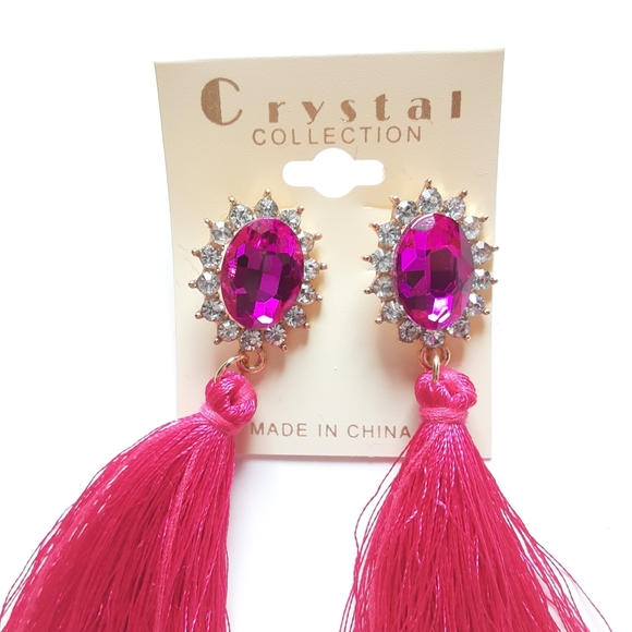 Crystal Collection Hot Pink Tassel Earrings - Picture 9 of 10